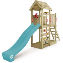 Wickey - Stelzenhaus Klettergerüst JoyFlyer mit Rutsche, Kletterturm mit Sandkasten, Leiter & Spiel-Zubehör – Pastellblau