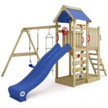 Wickey - Parque infantil de madera MultiFlyer con columpio y tobogán Torre de escalada de exterior con arenero y escalera para niños - azul - azul