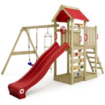 Wickey - Parque infantil de madera MultiFlyer con columpio y tobogán Torre de escalada de exterior con arenero y escalera para niños - rojo - rojo