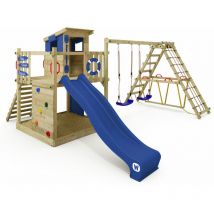 Wooden climbing frame SmartLodge 120 with stairs, swing set and slide, Garden playhouse with sandpit, climbing ladder & play-accessories - blue