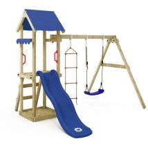 Wickey - Wooden climbing frame TinyCabin with swing set and slide, Garden playhouse with sandpit, climbing ladder & play-accessories - blue