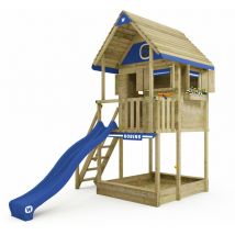 Wooden Tower Playhouse Smart ClubHouse on stilts with slide, tree house with sandpit, climbing ladder & play accessories – blue - blue - Wickey