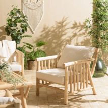 Macabane - will - Fauteuil borneo en branches de teck naturel coussins blancs
