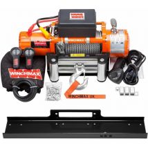 Winchmax - 13,500lb (6,123kg) Original Orange 12v Electric Winch. 26m x 9.5mm Steel Rope, Flat Bed Mounting Plate