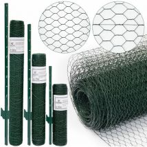 Wire Netting Fence + Metal Fence Posts Hexagonal Chicken Wire Height 0,75m Mesh 13x13mm Roll 10m Incl 8 Fence Posts Poles Height 105cm Green pvc