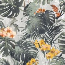Dutch Wallcoverings - Myriad Palm Wallpaper Grandeco Floral White Yellow Green Textured Tropical