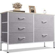 Wlive - Cómoda de 5 Cajones, Gabinete con Parte Superior de Madera y Estructura de Acero para Dormitorio, Sala de Estar, Pasillo, Gris Claro
