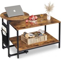 Coffee Table Set - Table Basse 79,5 cm Et Table D'Appoint Ronde 47,5 cm, Bois avec Pochette Latérale pour Salon, Chambre, Canapé, Brun Rustique