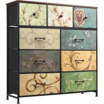 Wlive - Commode 9 Tiroirs, Rangement Tissu Floral, Cadre Acier, Plateau Bois, pour Chambre, Entrée, Placard, Unité Haute, Pratique et Durable.