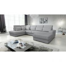 Fun Moebel - Wohnlandschaft Sofa U-Form nevio Stoff Scala Hellgrau Ottomane Rechts