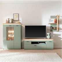 Wohnwand in Grün mit Eiche modern 324 cm mit Highboard mit LED-Beleuchtung, Fernsehschrank, Wandregal, 3-teilig - MOSTAR-05