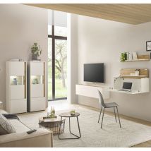 Wohnzimmer Set weiß mit Eiche CRISP-61 modern 5-teilig mit Homeoffice-Lösung