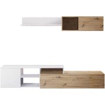 FRS - Einbaufertige Wand Miami, TV-Ständer für Wohnzimmer, Wohnzimmerkomposition mit Wohnwand und Regal, cm 220x40h44, Asteffekt Eiche und Weiß