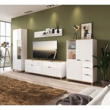 Wohnzimmer tv Wohnwand PLYMOUTH-129 in weiß mit Eiche Nb., b/h/t: ca. 370/208,4/40 cm - weiß