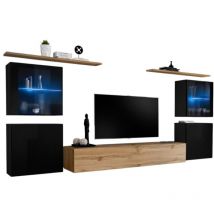 Wand-Wohnzimmermöbel-Set switch xiv im Design, Farbe Wotan-Eiche und Hochglanz-Schwarz.