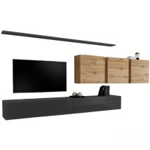 Wohnzimmerwandmöbelset switch vii im Design, Farbe glänzendes Grau und Wotan-Eiche.