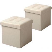 Lot de 2 Tabouret Pouf Coffre de Rangement Pliable en Lin, Charge jusqu'à 150 kg, 37, 5x37, 5x38cm (l x l x h) Crème - Woltu