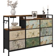 Woltu - 8 Drawer Chest of Drawers Bedroom Storage Furniture with Charging Station, Rustic Brown+Black+Retro Flower Pattern