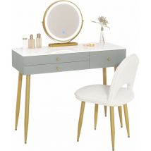 Woltu - Coiffeuse avec Miroir led Réglable et Chaise en Velours Table de Maquillage avec 3 Tiroirs, Gris+Or