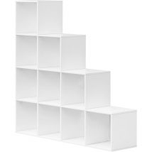 Scaffale a Scala, Mobile Portaoggetti con 10 Cubi, Armadio di Legno, Scaffale Autoportante per Studio, Soggiorno, Camera da Letto, Bianco - Woltu