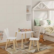 Woltu - Table et 2 Chaises pour Enfants, Meuble d'Enfants pour Manger et Peindre, en mdf et Bois Massif, Blanc et Couleur de Bois