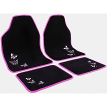 WOLTU Tapis de voiture universel lot de 4, Tapis avec broderie papillon, tapis de sol pour voiture en tissu, Noir + Rose