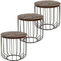 Womo-design - Juego de 3 Mesas Auxiliares Redondas de Centro ø 50x50cm Madera Natural Marco Metalico Mesita Decorativa Negra Hecha a Mano para Salón
