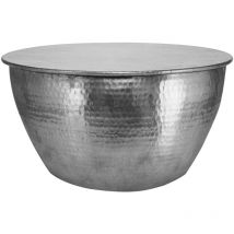 WOMO-DESIGN Mesa de centro hecha a mano estilo oriental redonda Ø 59x30,5cm plateada de aluminio - Mesita para salón diseño martillado plano de metal