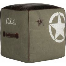 Womo-design - Pouf Carré Olive/Marron 45 cm en Cuir Véritable/Toile Latérale Design Omaha Remplissage en Coton Fait à Main Siège Cube Tabouret de