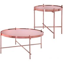 Set Di 2 Tavolini Rame Ø43x45 + Ø75x35 Cm Rotondi Metallo/Vetro Unico Moderno Tavolini Da Salotto Con Piano In Vetro e Struttura In Metallo Set