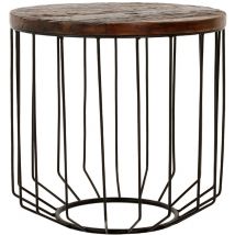 WOMO-DESIGN Table d'Appoint Ronde - Ø 50x50 cm - Bois Massif Ancien Naturel - Cadre Métallique Noir - Table Basse en Osier - Design Géométrique et