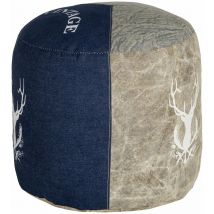 Pouf Rond Jacksonville Naturel/Bleu Ø35x43cm Toile/Jean Rembourrage en Coton Tabouret Fait à main Ottoman Repose Pied de Salon Coussin de Sol Siège