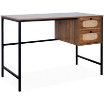 Sweeek - Retro wood and cane desk with black metal legs and handles - Natural