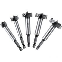 Wood Drill Bit, Box of 5 Wood Cutters with Hexagon Handle, Adjustable Positioning, hss Carbide Hole Saw for Solid Wood, Cork, Sapwood, Plywood (15,