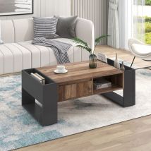 Wood grain coffee table, with a handleless drawer, a storage compartment and rear storage compartment, double-sided storage. With storage