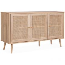 Sweeek - Wooden and cane rattan detail sideboard with 3 doors, 2 shelves, Scandi-style legs, 120x39x70cm - Boheme - Natural wood colour - Natural