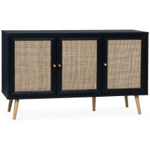 Wooden and cane rattan detail sideboard with 3 doors, 2 shelves, Scandi-style legs, 120x39x70cm - Boheme - Black - Black