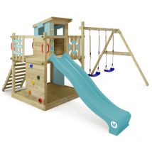 Wooden climbing frame Smart Camp with swing set and slide, Playhouse on stilts for kids with sandpit, climbing ladder & play-accessories - pastel