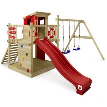 Wooden climbing frame Smart Camp with swing set and slide, Playhouse on stilts for kids with sandpit, climbing ladder & play-accessories - red