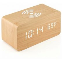Dewdat - Wooden digital alarm clock with wireless charging, adjustable dimmer and alarm volume (1 piece, wood color)