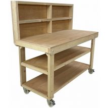 Arbor Garden Solutions - Wooden Eucalyptus ply Top Workbench, 5ft (150cm) With back panel, wheels and Double shelf