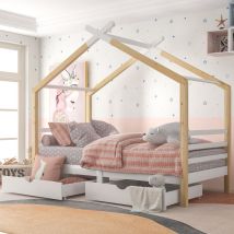 3 ft Single Bed Frame Kid House Bed with Storage Two Drawers Tree House Solid Pine Wood 90x190 cm White and Natural