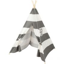 Wooden Teepee Tent for Kids Gray and White Stripes 4 Poles
