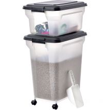 Iris Ohyama - Contenitore per Crocchette, 45L+20L , Nero, Ermetici, Contenitore per Alimenti in Plastica con Coperchio, con Ruote, Per Cibo per