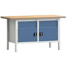 Établi PW 700 l.1500xP700xH840 mm hêtre Multiplex gris clair, RAL 7035 bleu brill., RAL 5007 2 tiroirs 2 portes