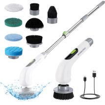 Brosse de Nettoyage Électrique Rotative, Brosse de Nettoyage sans Fil Rechargeable avec 8 Brosses Remplaçables, Poignée Extensible 30 à 120 cm, 3