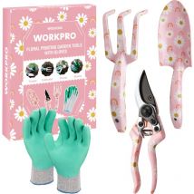 Workpro - Ensemble d'Outils de Jardinage 4 Pièces, Outils en Acier Inoxydable avec Gants, Sécateur, Truelle de Jardin, Râteau à Main, Idéal pour
