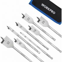 Workpro - Jeu de 8 Mèches Plate à Bois avec Tige Hexagonale de 1/4', Mèches Plates en Acier au Carbone de Qualité Ø6,10,13,16,19,22,25 et 32 mm,