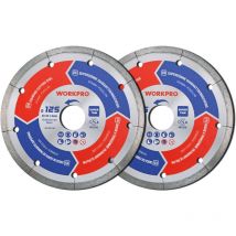 Workpro - Lot de 2 Disques à Tronçonner Diamantés 125 mm, Ultra-Fins 1,2 mm pour Coupe à Sec et à l'Eau, pour Carrelage, Porcelaine, Céramique,