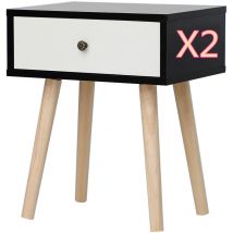 Set di 2 comodini scandinavi laccati bianco / nero satinato con 1 cassetti Comodino Gambe in legno massello